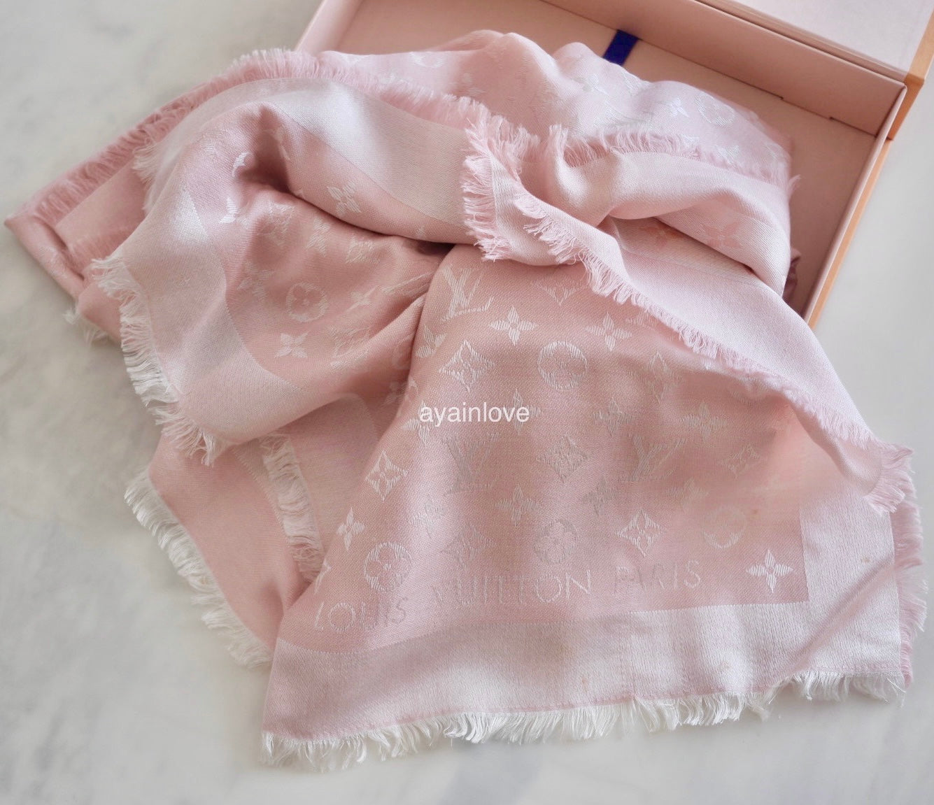 LOUIS VUITTON LV Monogram Rose Light Pink M72046 Silk Wool Large Shawl Scarf Stole