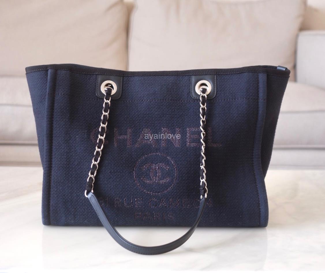 CHANEL Navy Blue Canvas Small Medium 34 cm Deauville *Microchipped* Tote Bag Silver Hardware