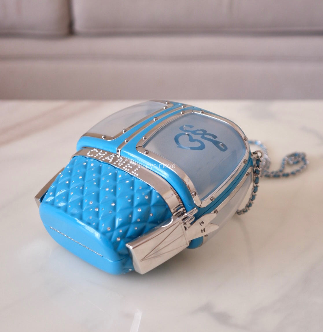 CHANEL 19K Limited Edition Evening in the Mountain Gondola Minaudiere Clutch Light Blue Lucite Enamel Crystals Silver Hardware