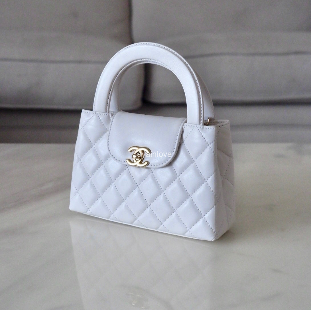 CHANEL White Shiny Calfskin Mini Kelly 19cm Shopping Bag Gold Hardware