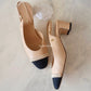 CHANEL Beige Black Pearl and Grosgrain Slingback Heels Shoes Size 38 EU