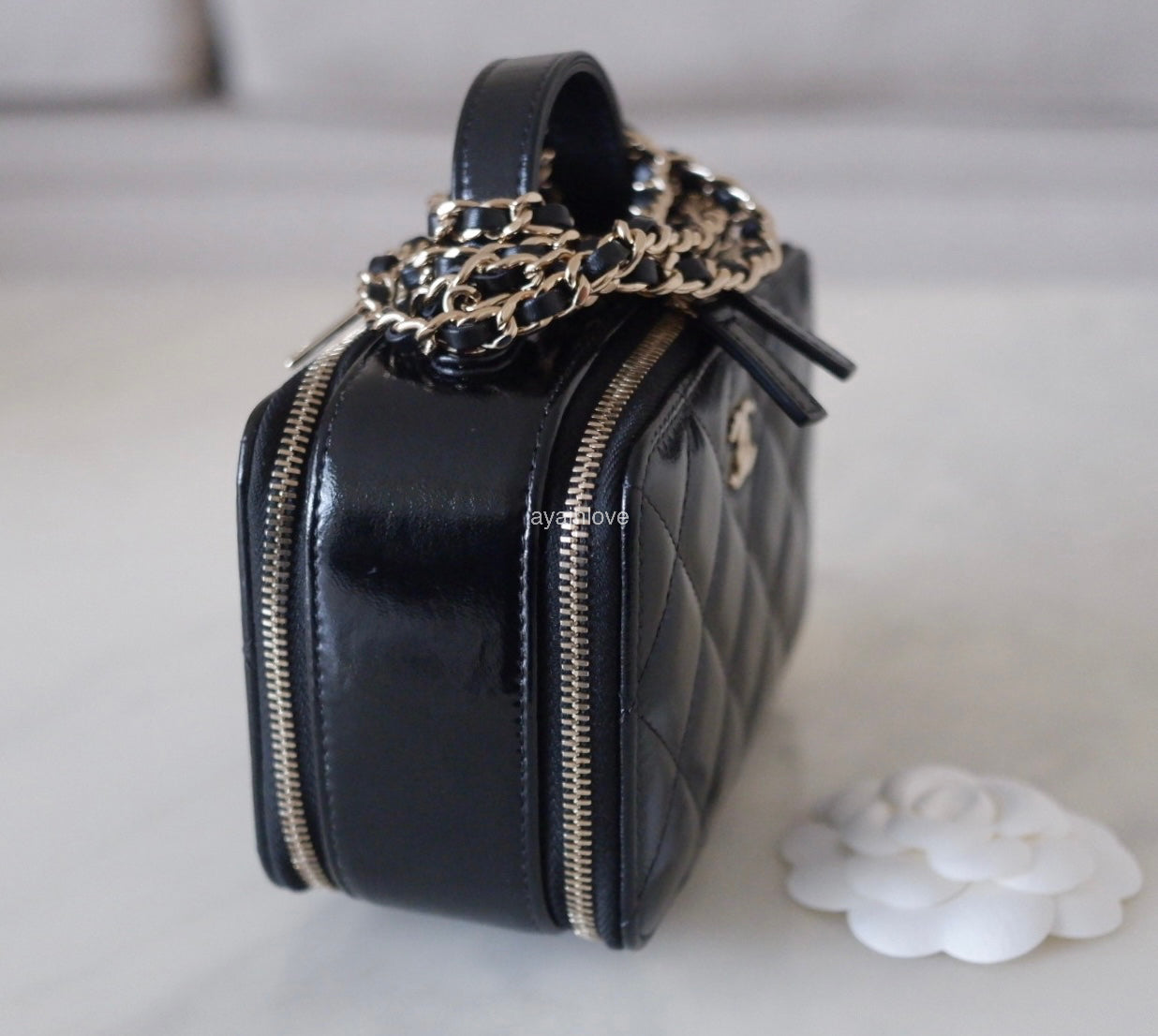 CHANEL Black Patent Quilted Calfskin Mini Vanity Bag on Chain Light Gold Hardware