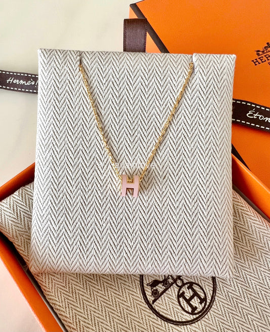 HERMES H Pop Mini Pink Rose Dragee Necklace Gold Hardware