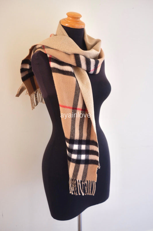 BURBERRY Reversible Wide Check Cashmere Archive Beige Glitter Gold Scarf