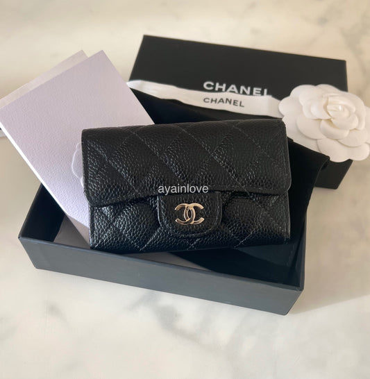 CHANEL Black Caviar Small Snap Card Holder Gold Hardware