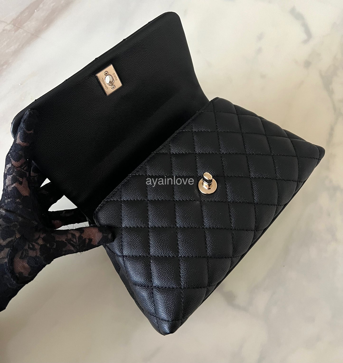 CHANEL Black Caviar Quilted Small Coco Handle 24 cm Light Gold Hardware