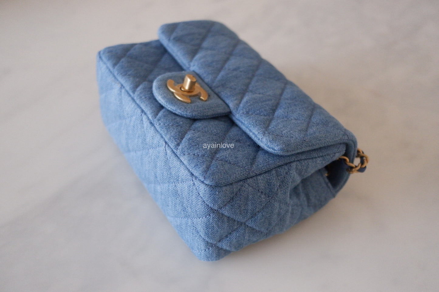 CHANEL 22C Blue Denim Pearl Crush Square Mini Flap Bag Gold Hardware