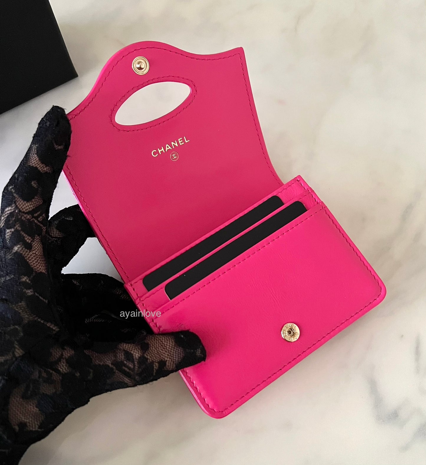 CHANEL 31 Hot Pink Shiny Calfskin Flap Card Holder Light Gold Hardware