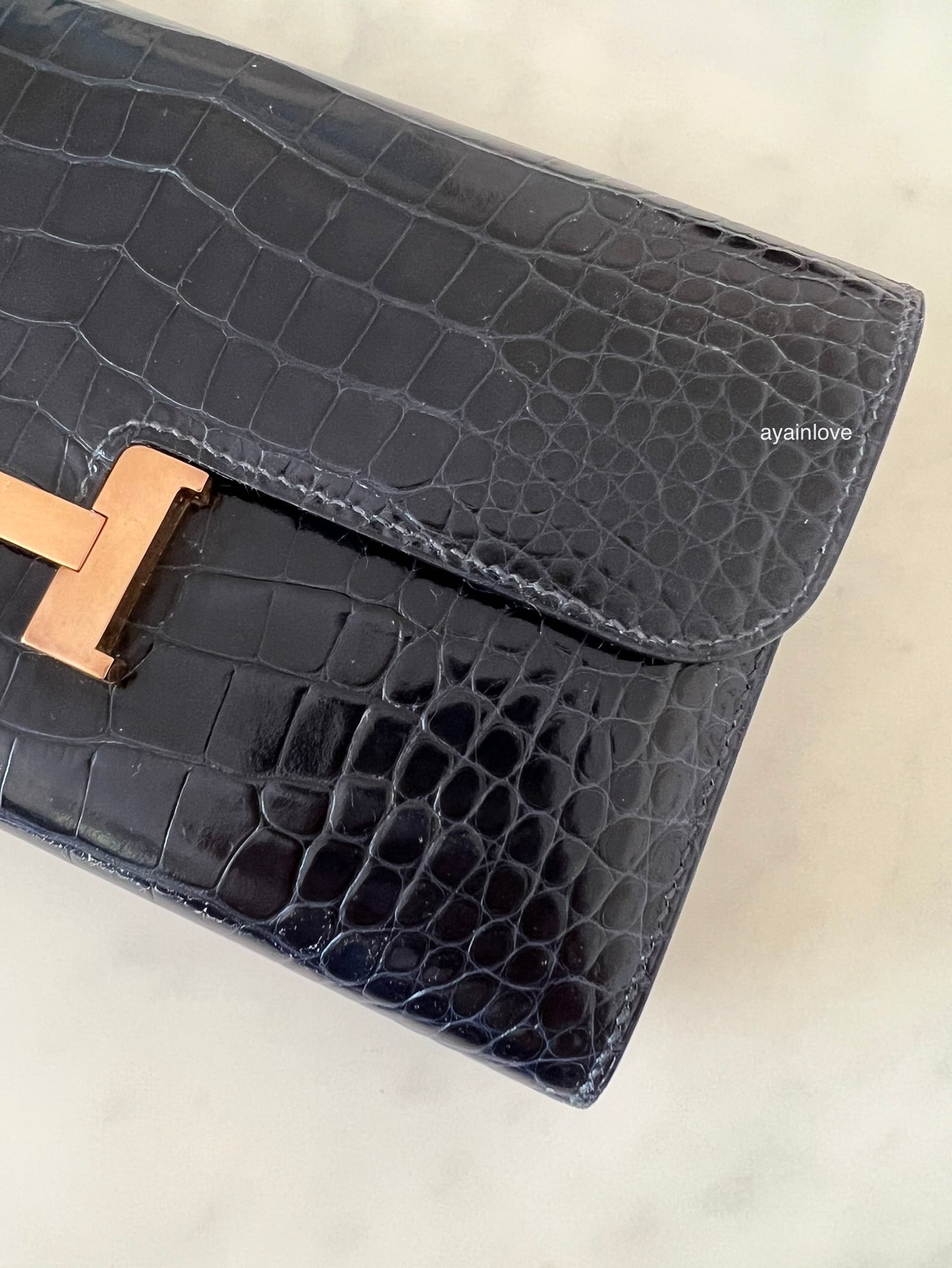 HERMES Constance Blue Indigo Bicolor Verso Shiny Alligator Long Wallet To Go Rose Gold Hardware