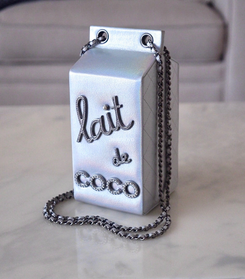 CHANEL 14K Limited Edition Runway Iridescent Silver Goatskin Lait de Coco Milk Carton Bag Shiny Ruthenium Hardware