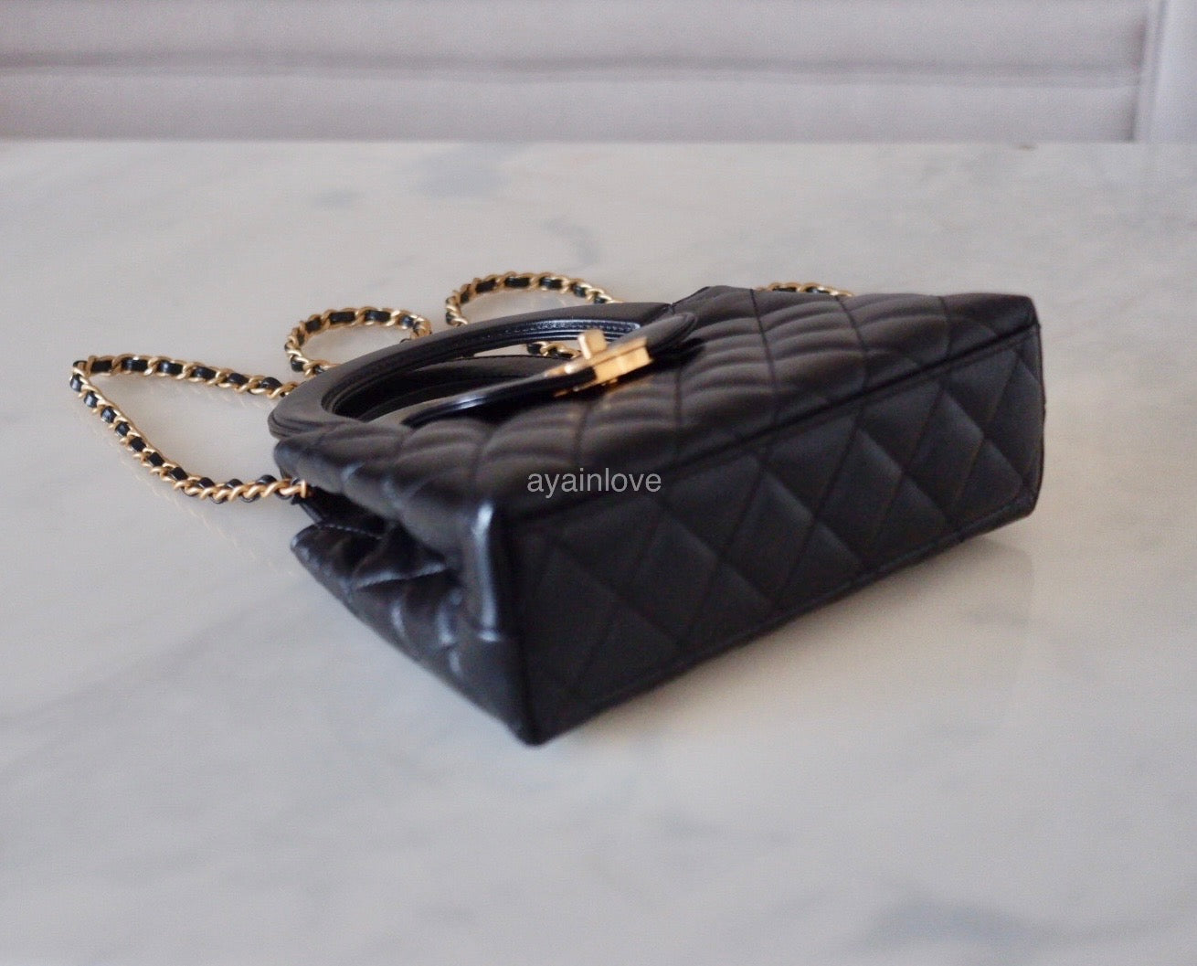 CHANEL 24P Black Calfskin Mini Kelly 19cm Shopping Bag Gold Hardware