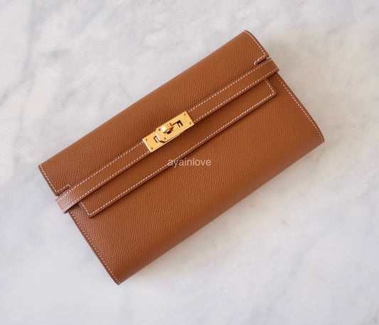 HERMES Kelly Long Wallet Gold Epsom Gold Hardware Z Stamp