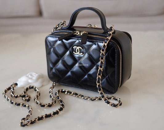 CHANEL Black Patent Quilted Calfskin Mini Vanity Bag on Chain Light Gold Hardware