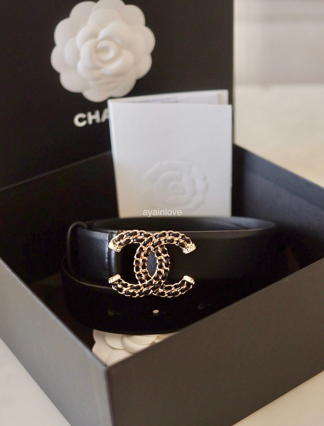 CHANEL 21B Black CC Diamante Leather Chain Belt Size 70 Light Gold Hardware