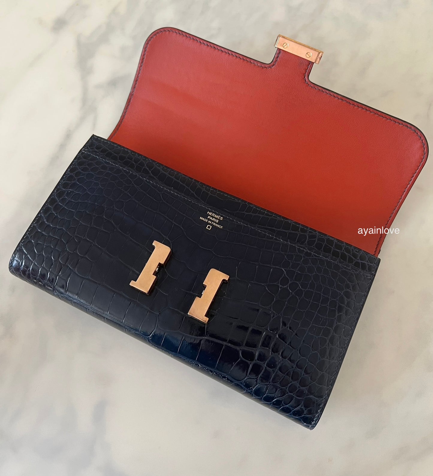 HERMES Constance Blue Indigo Bicolor Verso Shiny Alligator Long Wallet To Go Rose Gold Hardware