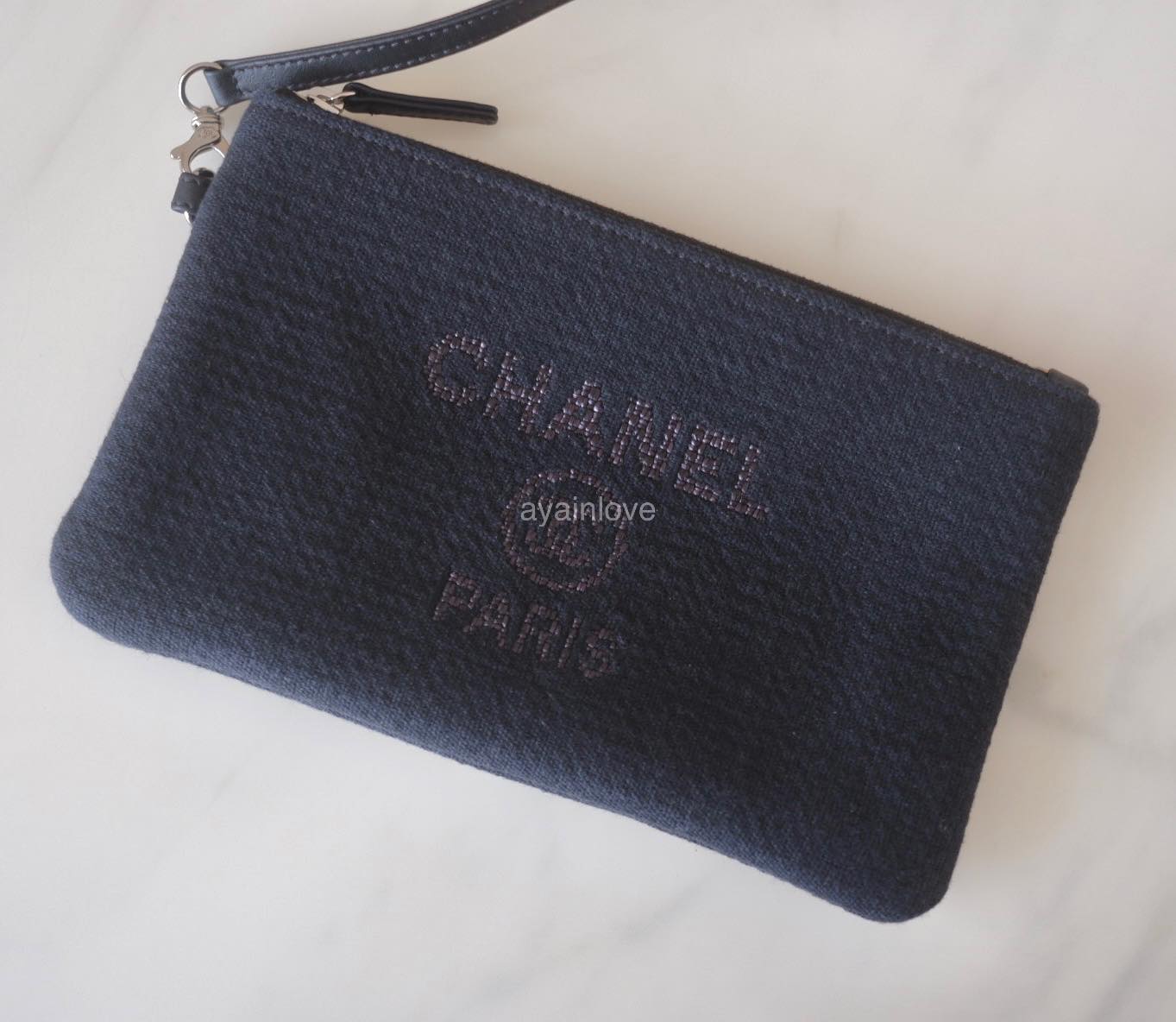 CHANEL Navy Blue Canvas Small Medium 34 cm Deauville *Microchipped* Tote Bag Silver Hardware