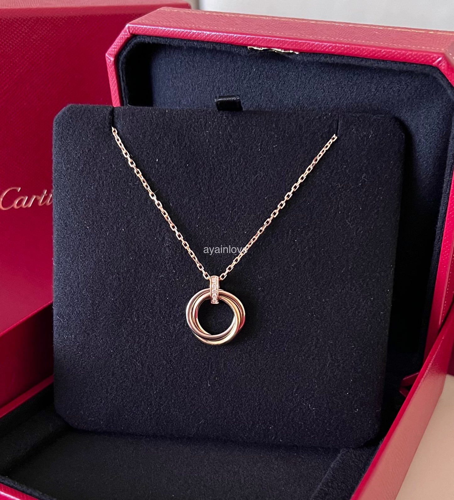 CARTIER Trinity Diamonds 18KT Rose Gold Yellow Gold White Gold Pendant and Rose Gold Necklace