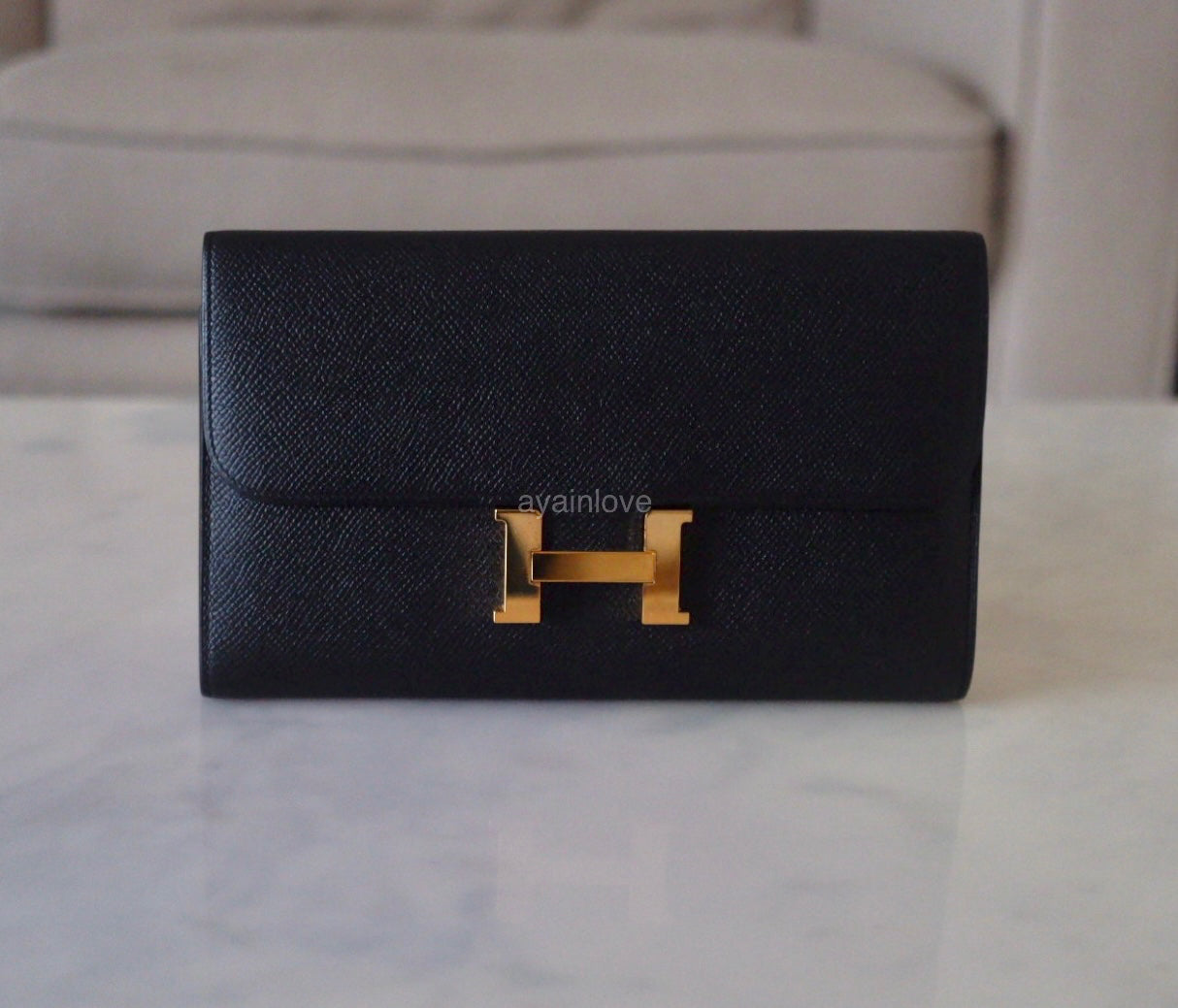 HERMES Constance Noir Black Epsom Long Flap Wallet Gold Hardware