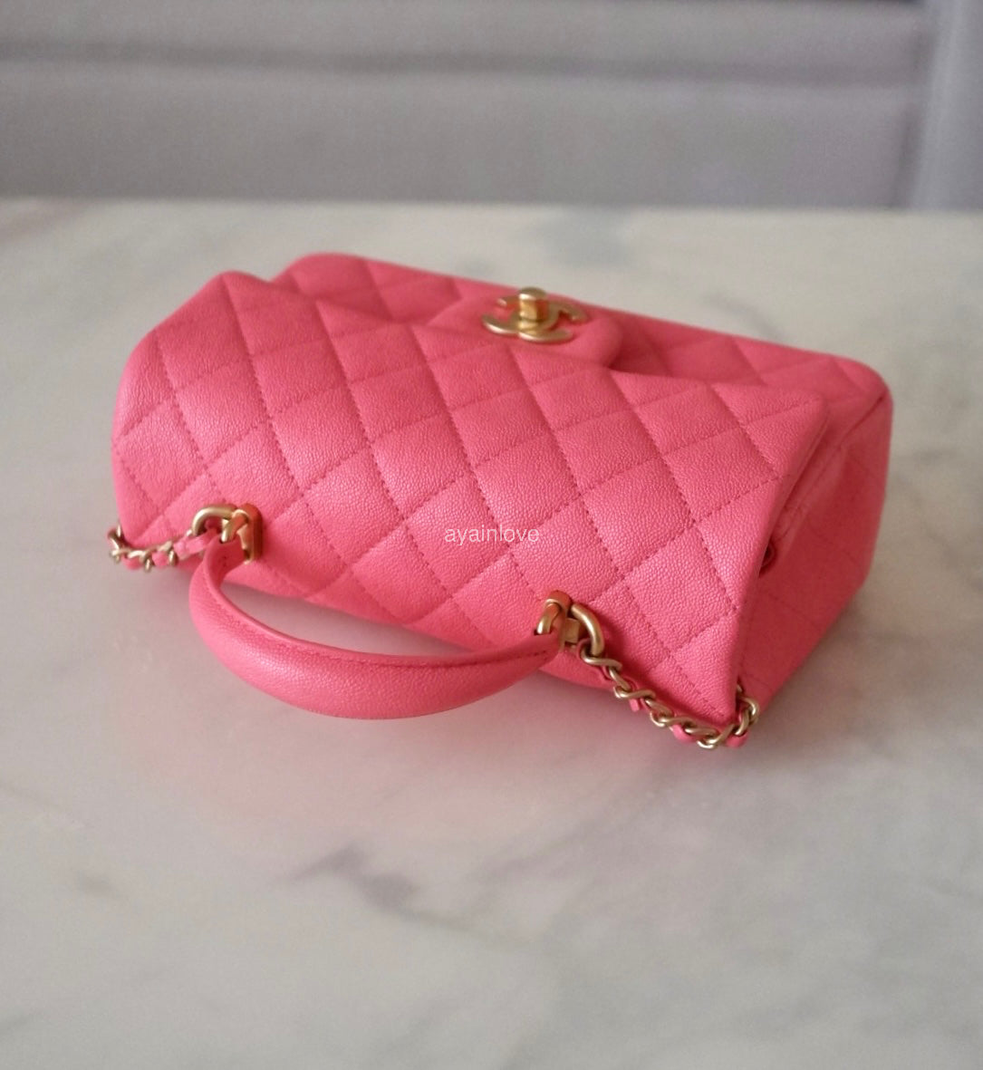 CHANEL 21S Pink Caviar Top Handle Rectangular Mini Brushed Gold Hardware