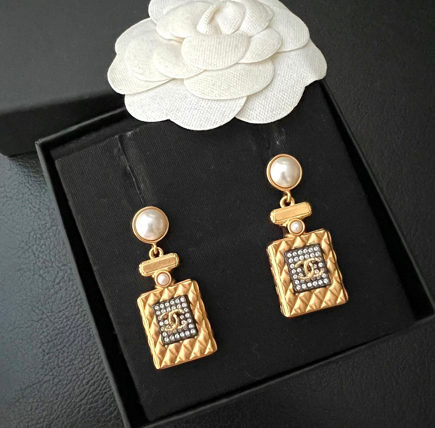 CHANEL 20A Perfume Bottle Pearl CC Drop Earrings Gold Hardware