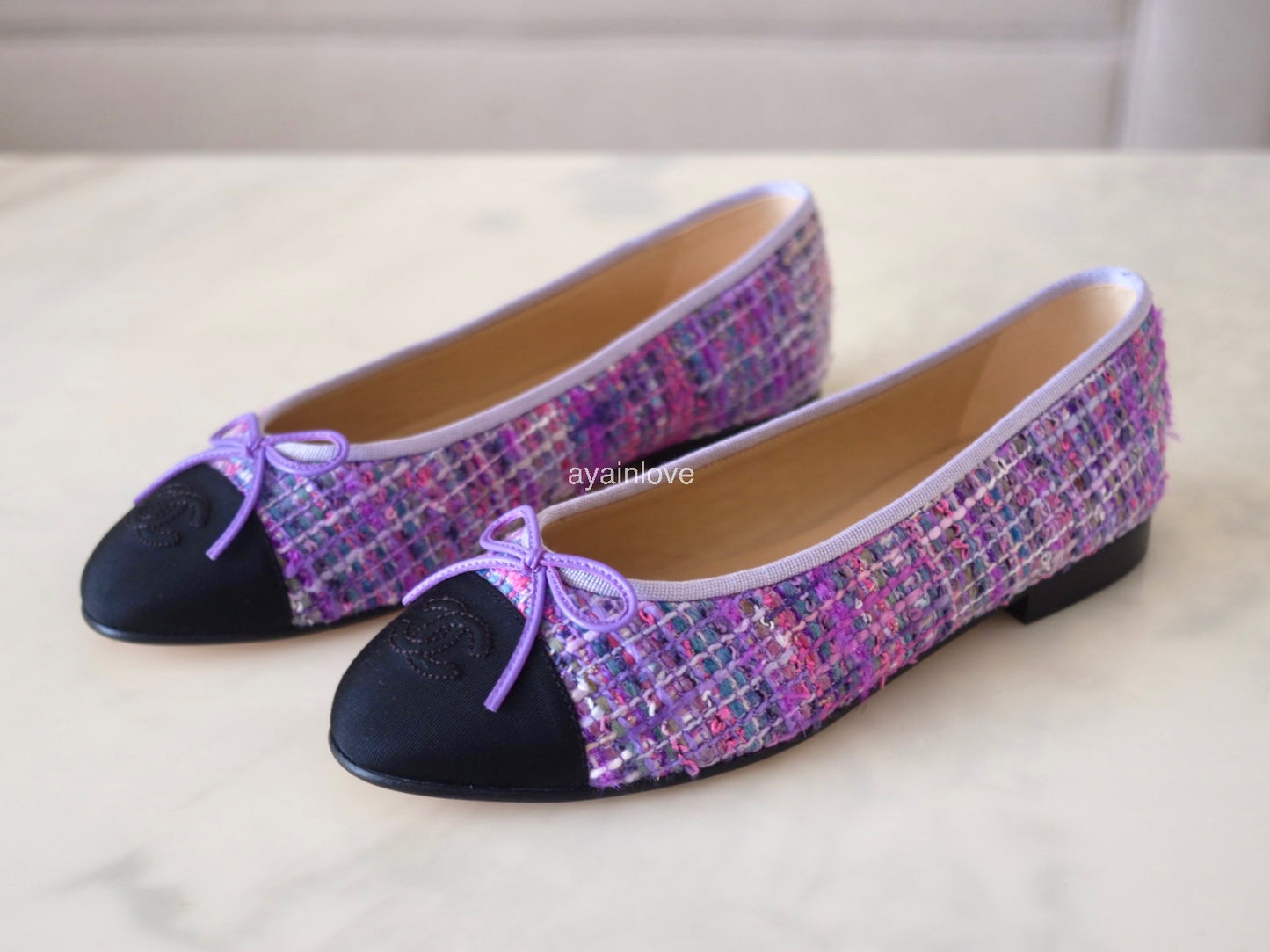 CHANEL CC Purple Multicolour Tweed Ballet Shoes Size 38 EU