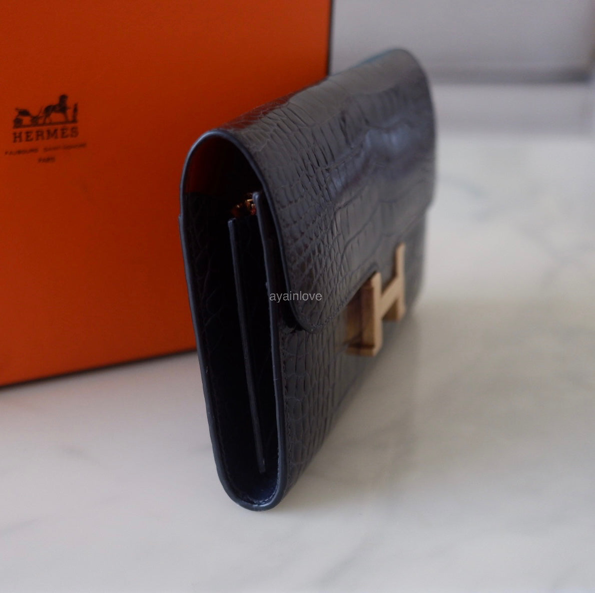 HERMES Constance Blue Indigo Bicolor Verso Shiny Alligator Long Wallet To Go Rose Gold Hardware