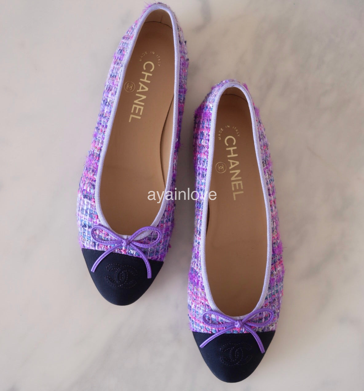 CHANEL CC Purple Multicolour Tweed Ballet Shoes Size 38 EU