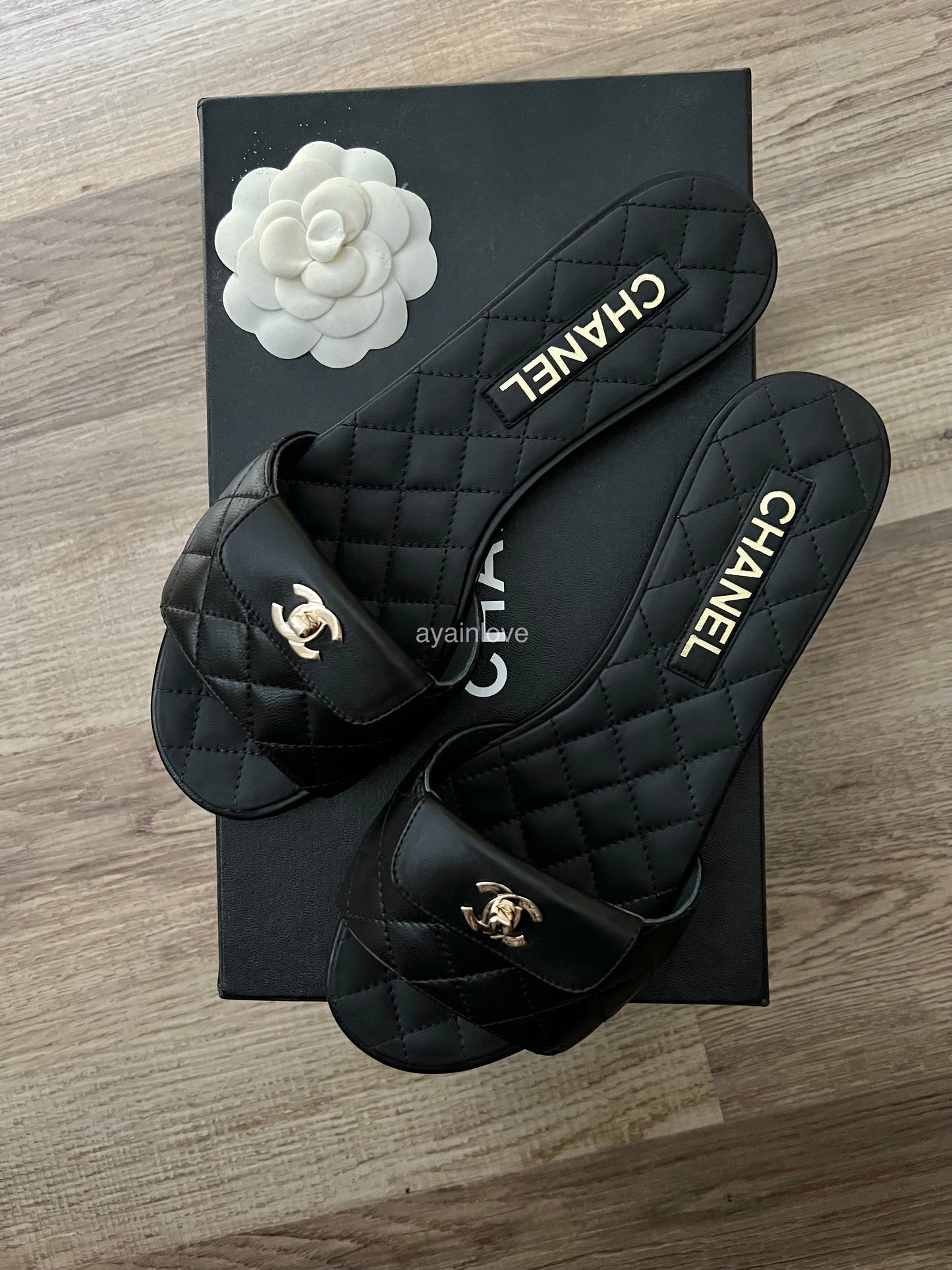 CHANEL Black Gold CC Turnlock Quilted Slides Mules Sandals Size 38.5 EU