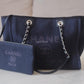 CHANEL Navy Blue Canvas Small Medium 34 cm Deauville *Microchipped* Tote Bag Silver Hardware