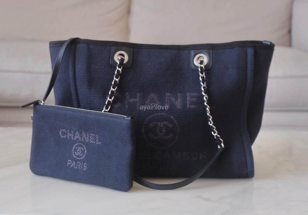 CHANEL Navy Blue Canvas Small Medium 34 cm Deauville *Microchipped* Tote Bag Silver Hardware