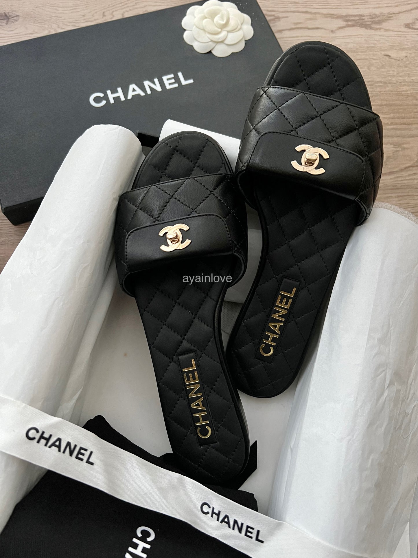 CHANEL Black Gold CC Turnlock Quilted Slides Mules Sandals Size 38.5 EU