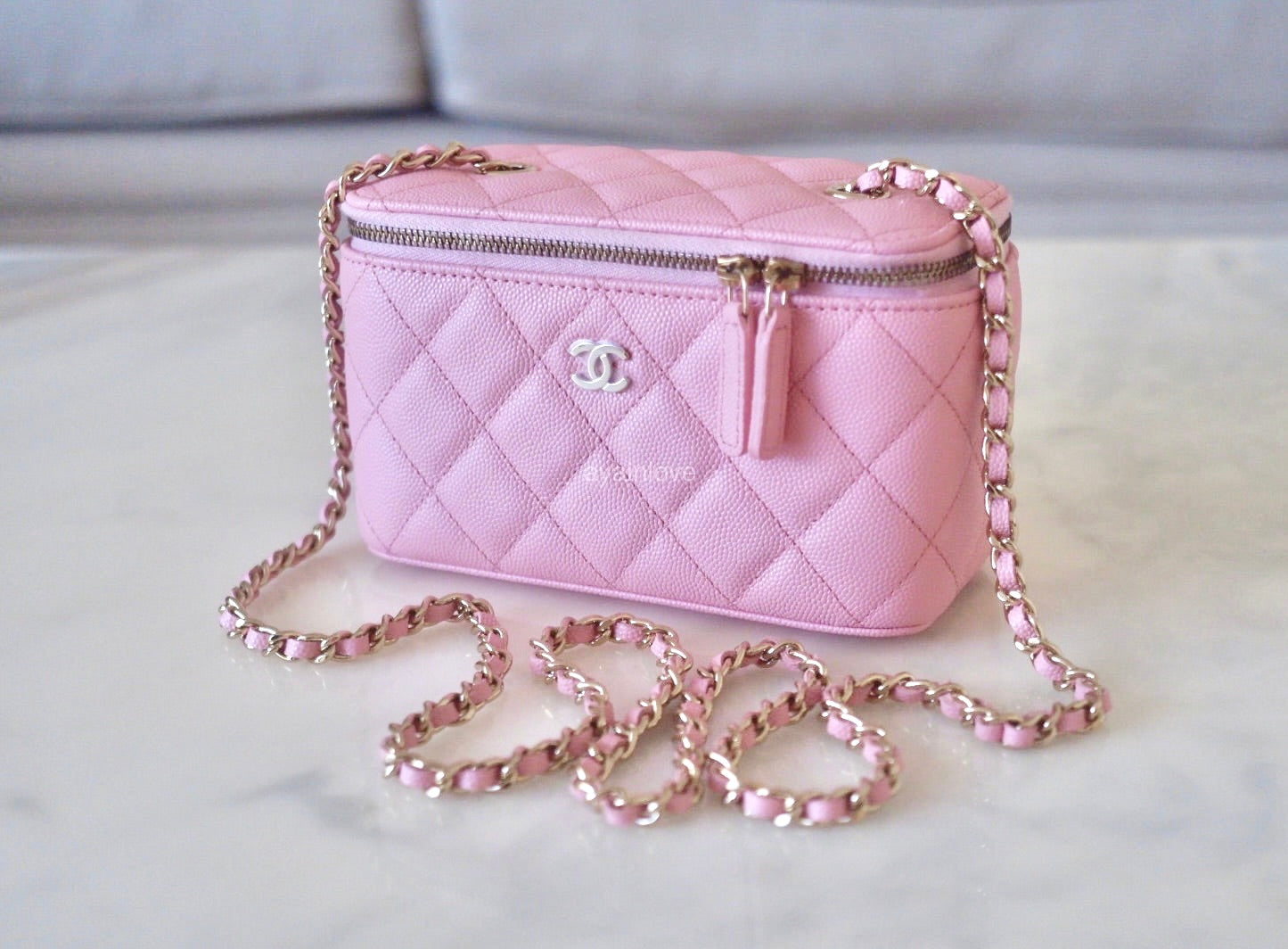 CHANEL 22C Pink Caviar Classic Rectangular Vanity On Chain Light Gold Hardware