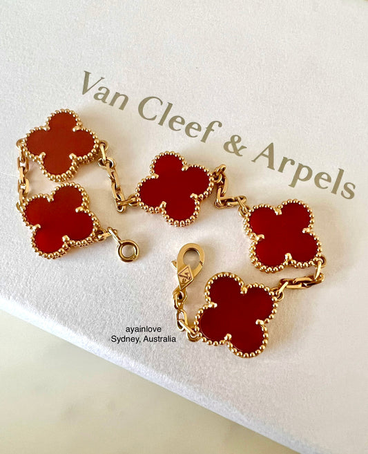 Van Cleef Arpels VCA 5 Motifs Bracelet Carnelian 18KT Yellow Gold Vintage Alhambra