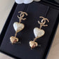 CHANEL Double Heart Pearl Drop Earrings Clip-On Light Gold Hardware