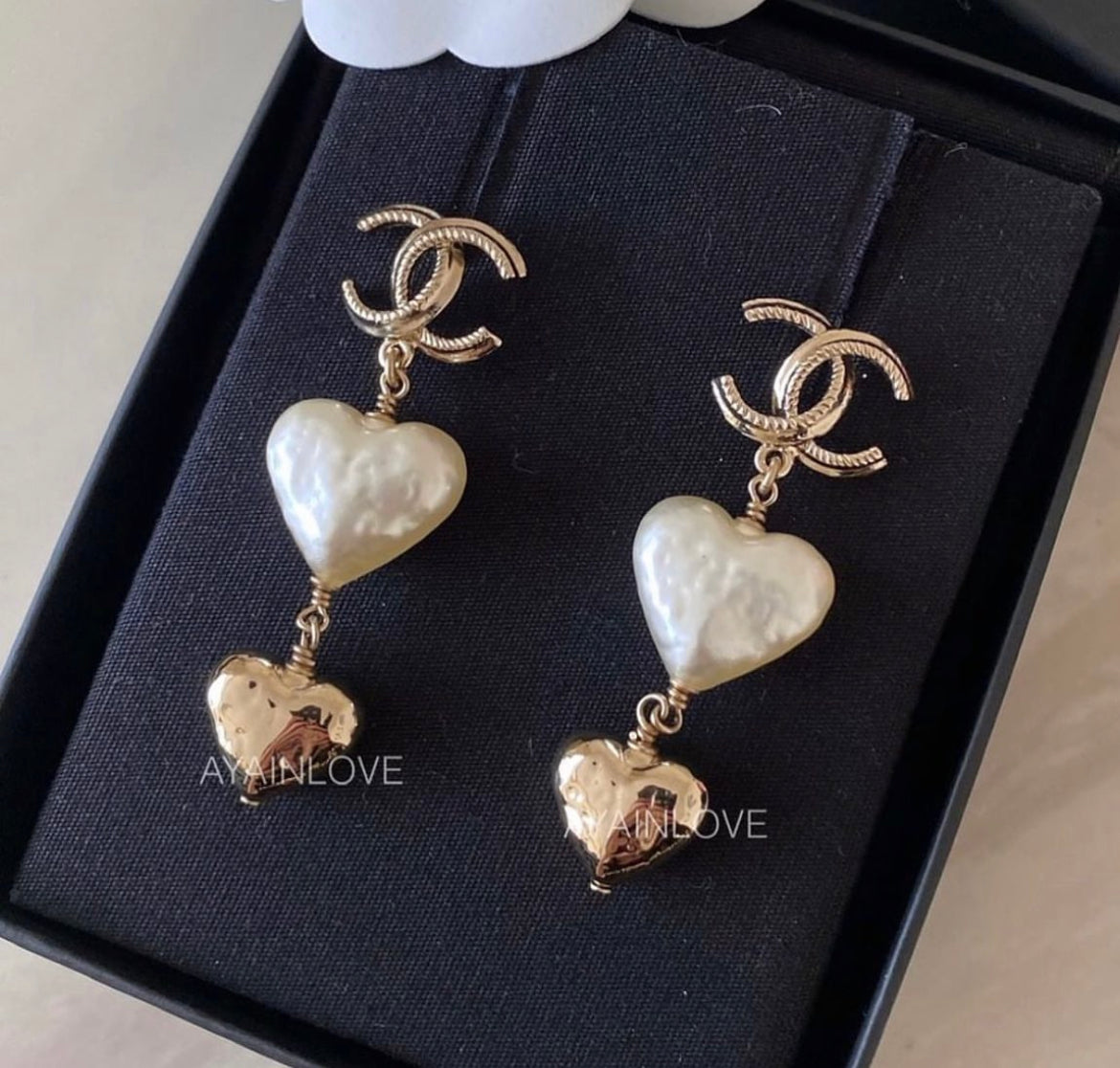 CHANEL Double Heart Pearl Drop Earrings Clip-On Light Gold Hardware