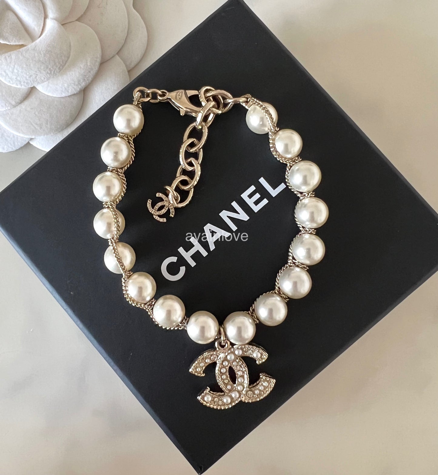 CHANEL 19C Pearl CC Bracelet Light Gold Hardware