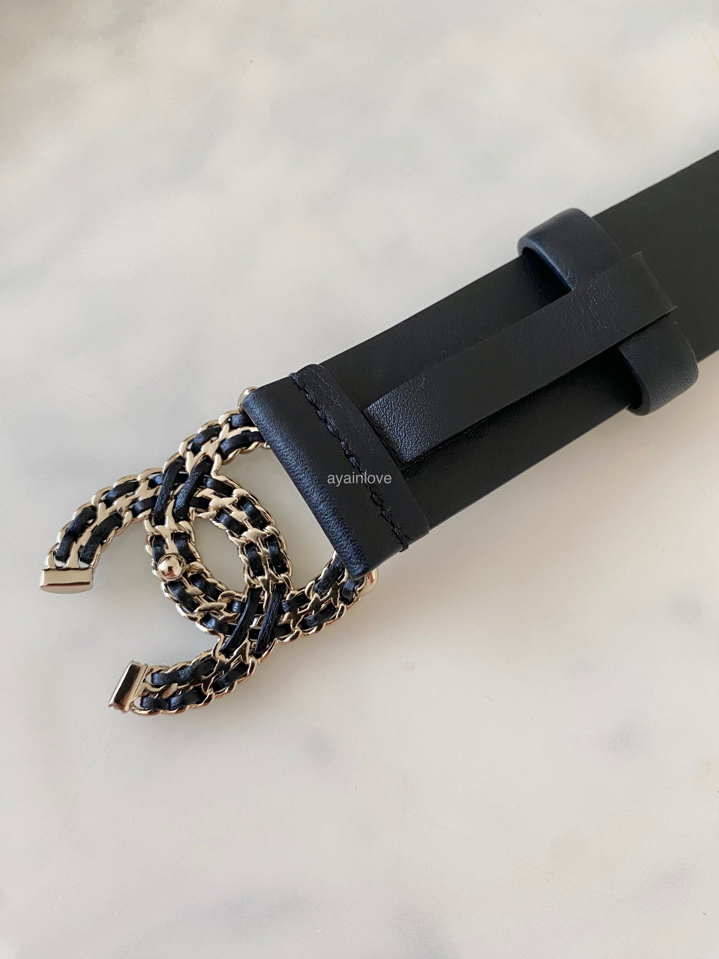 CHANEL 21B Black CC Diamante Leather Chain Belt Size 70 Light Gold Hardware