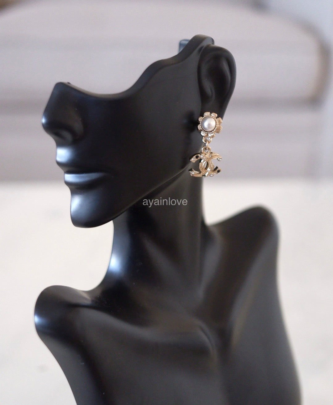 CHANEL 22K Flower Pearl CC Drop Stud Earrings Light Gold Hardware