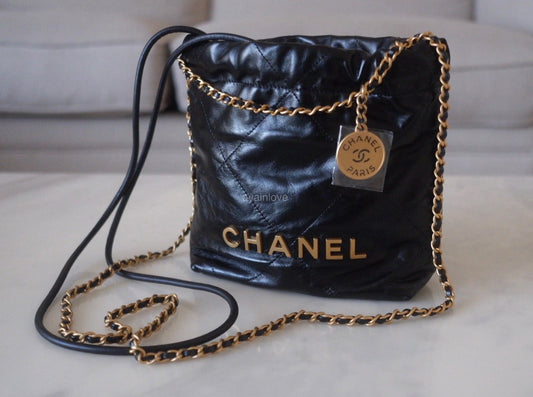 CHANEL 23S Mini 22 Black Shiny Calf Skin Bag Gold Hardware