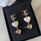 CHANEL Double Heart Pearl Drop Earrings Clip-On Light Gold Hardware