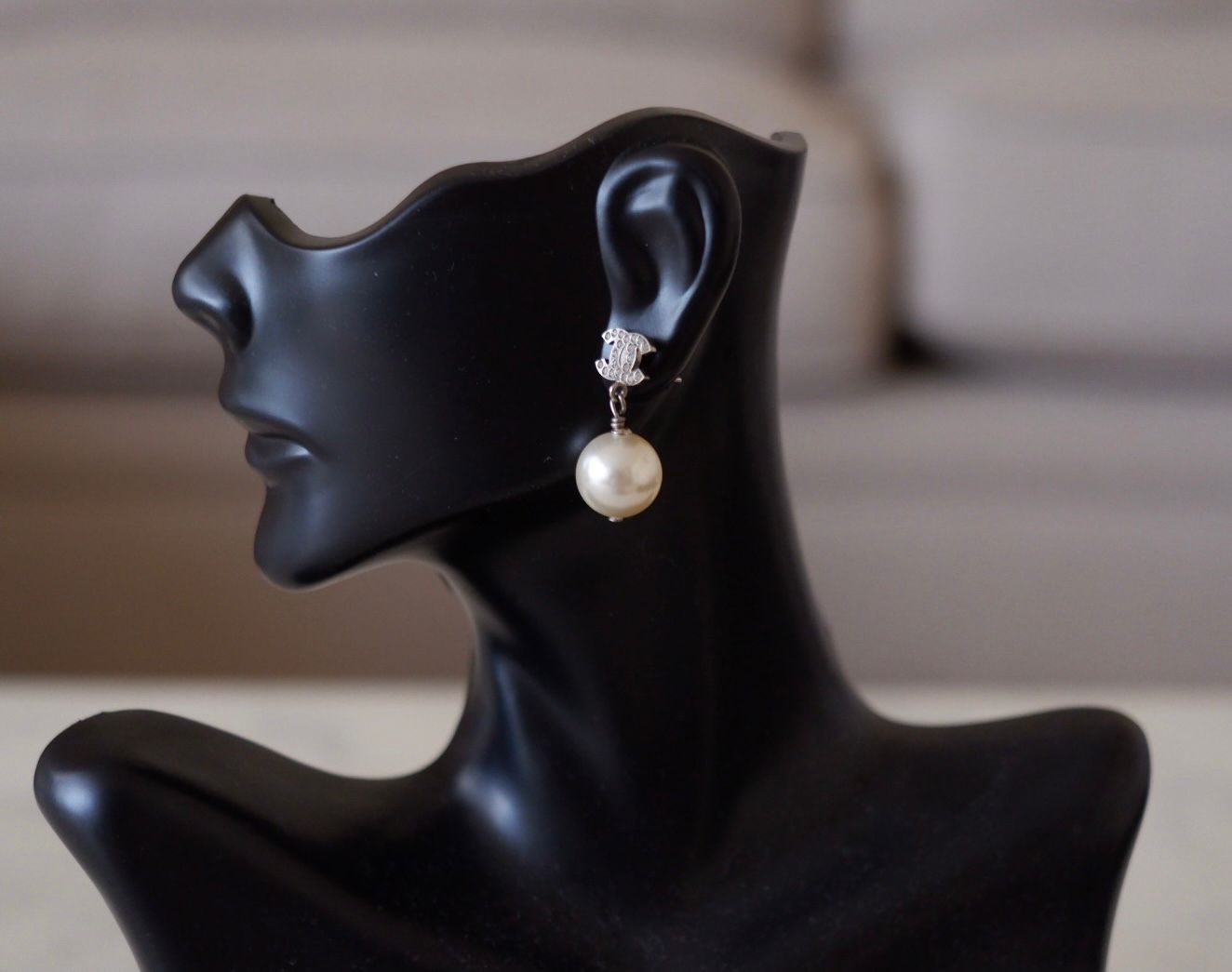 CHANEL Pearl Drop CC Stud Earrings Silver Hardware