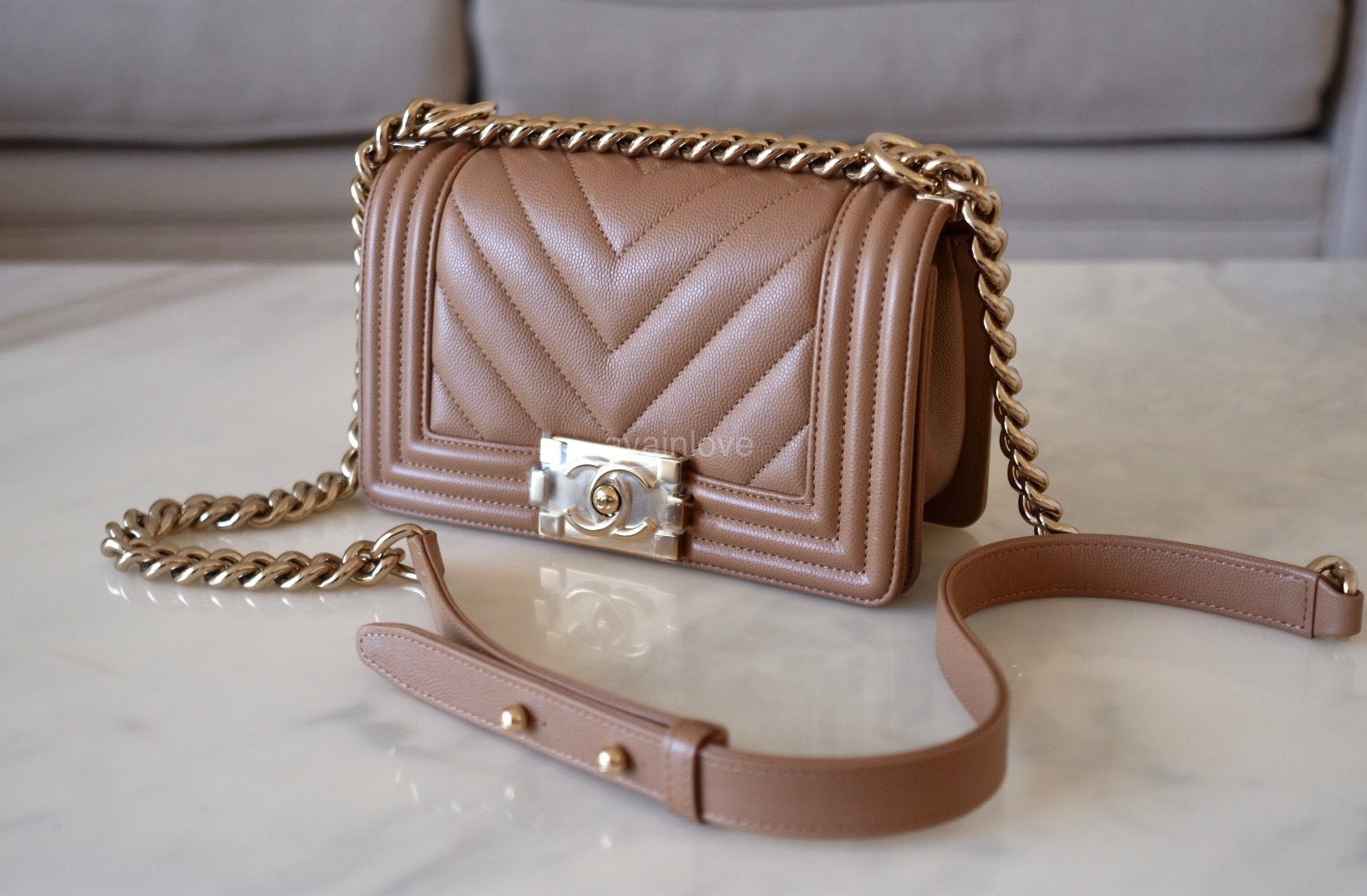 Chanel dark beige boy bag hotsell