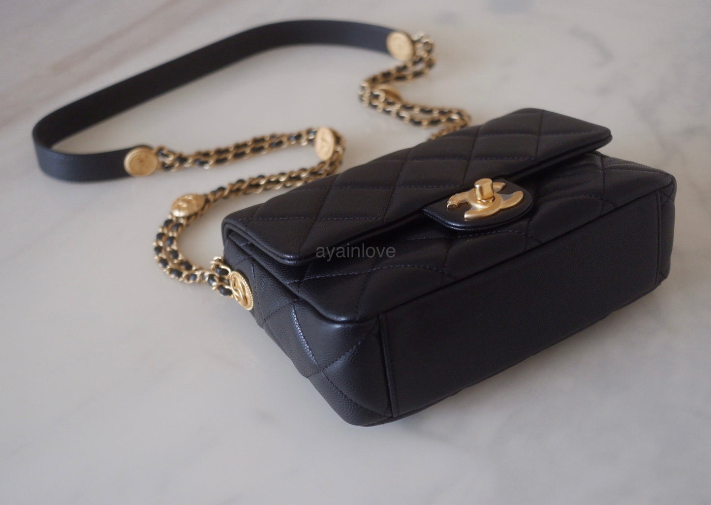 CHANEL 22A Black Caviar Twist Your Buttons 21cm Mini Flap Bag Gold Hardware