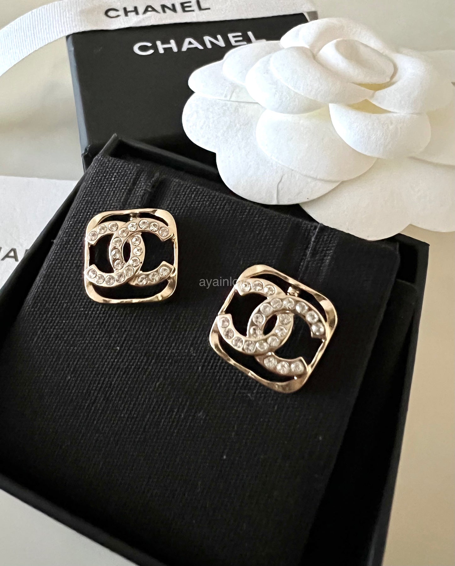 CHANEL 23P Square See Through Crystal CC Stud Earrings Light Gold Hardware