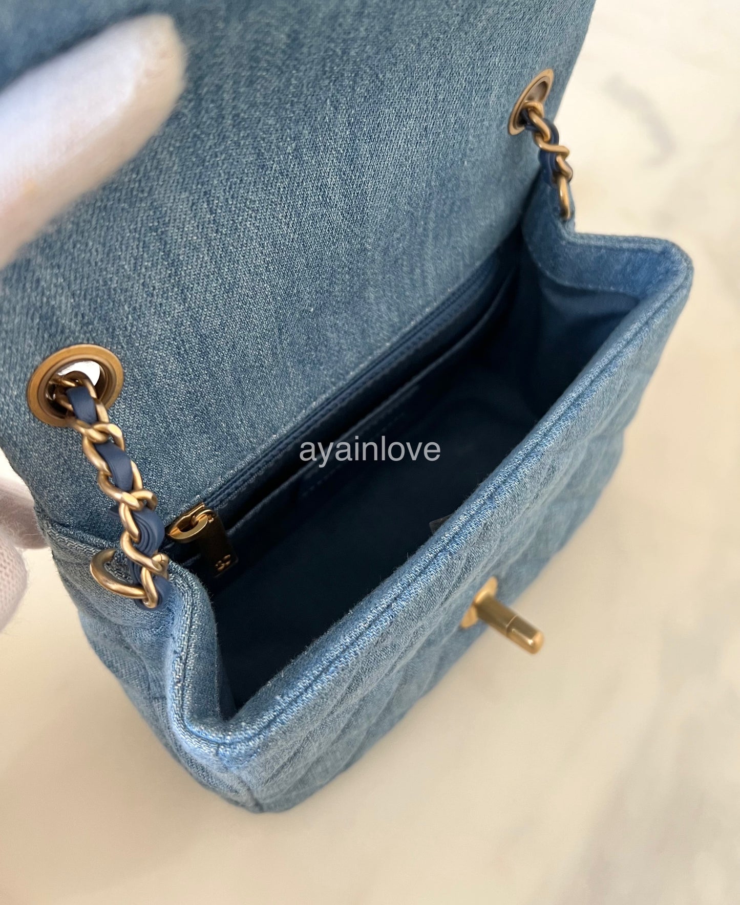 CHANEL 22C Blue Denim Pearl Crush Square Mini Flap Bag Gold Hardware