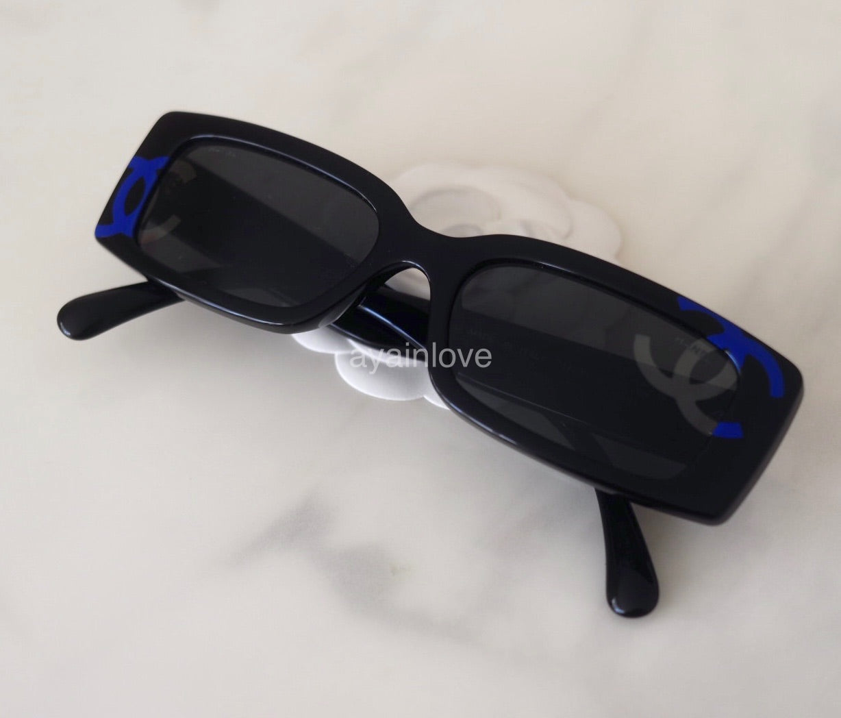 CHANEL Black Red Scripts and CC Logo Rectangle Sunglasses