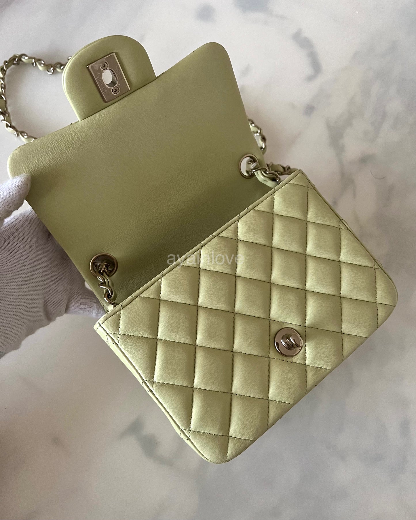 CHANEL 23C Light Green Microchipped Classic Quilted Square Mini Flap Bag Light Gold Hardware