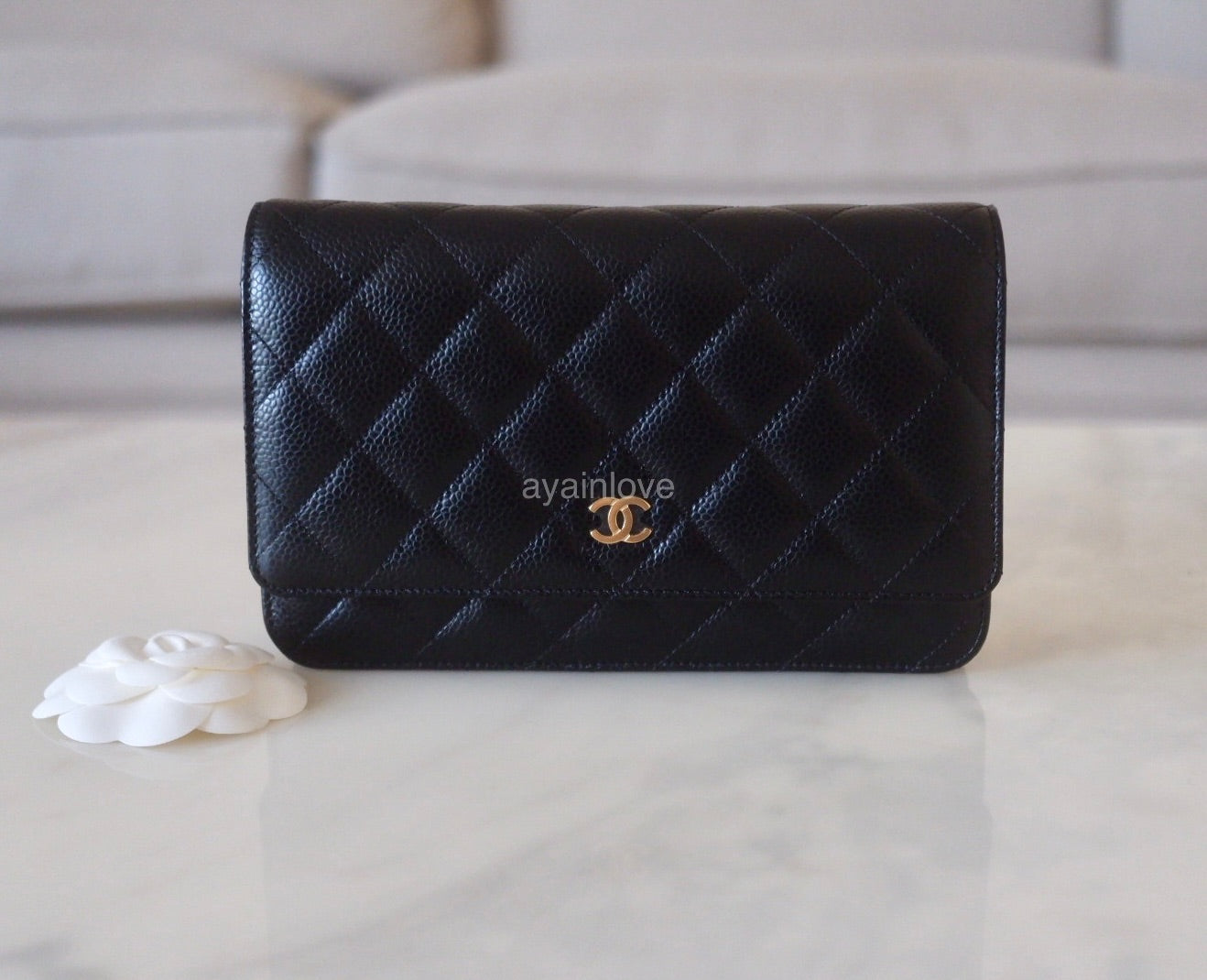 CHANEL Black Caviar Classic Wallet On Chain Gold Hardware