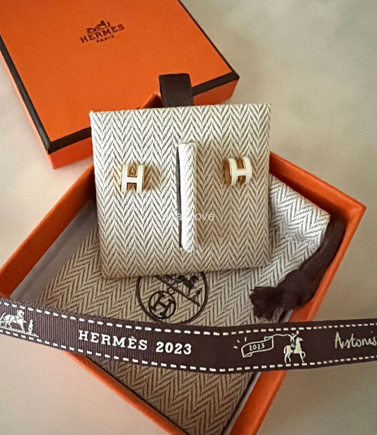 HERMES Mini H Pop Earrings Blanc White Rose Gold Hardware