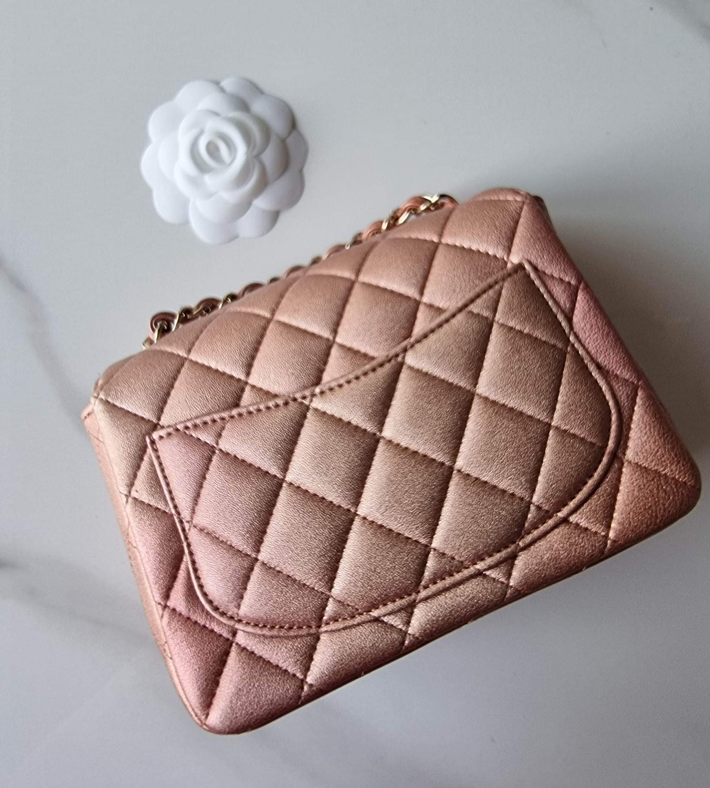 CHANEL 21S Iridescent Rose Gold Square Mini Flap Bag Light Gold Hardware